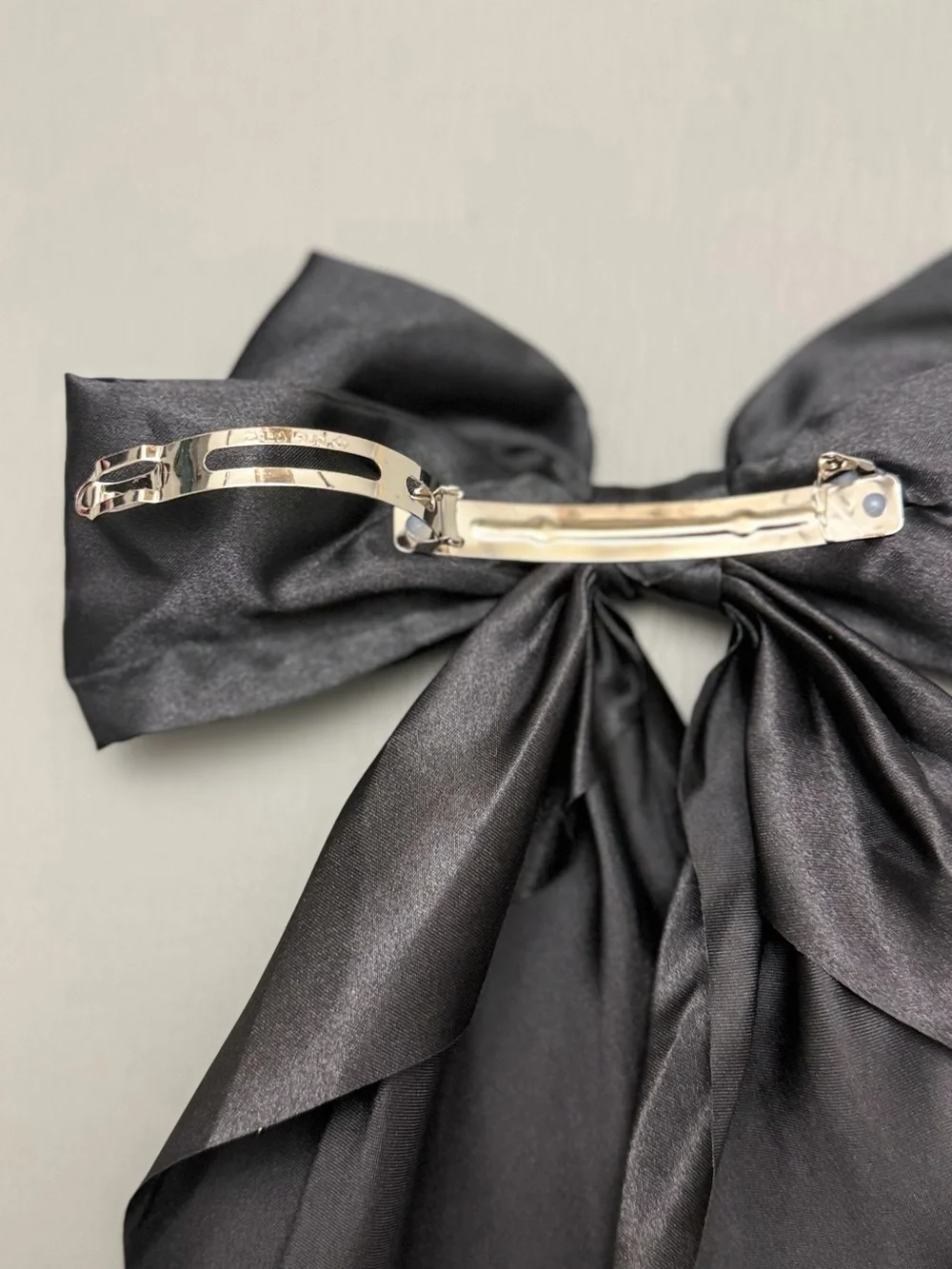 New Oversized Black Satin Bow Hair Barrette Long Tail Statement Clip